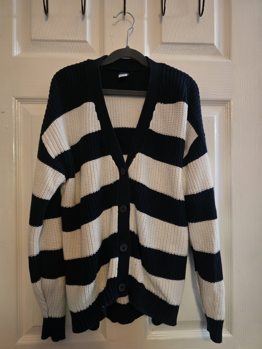 Old Navy Navy Blue & White Striped V-Neck Button Cardigan